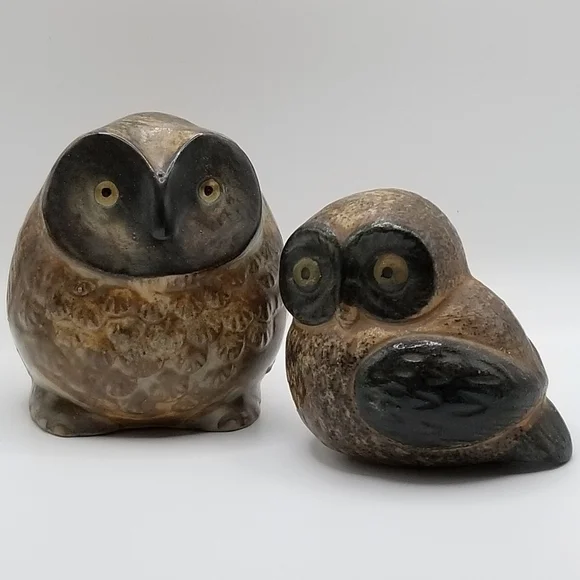 Vintage Owl Collection Otagiri Stoneware Bronze Pair Cryptomeria Wood Figurine - Picture 6 of 16